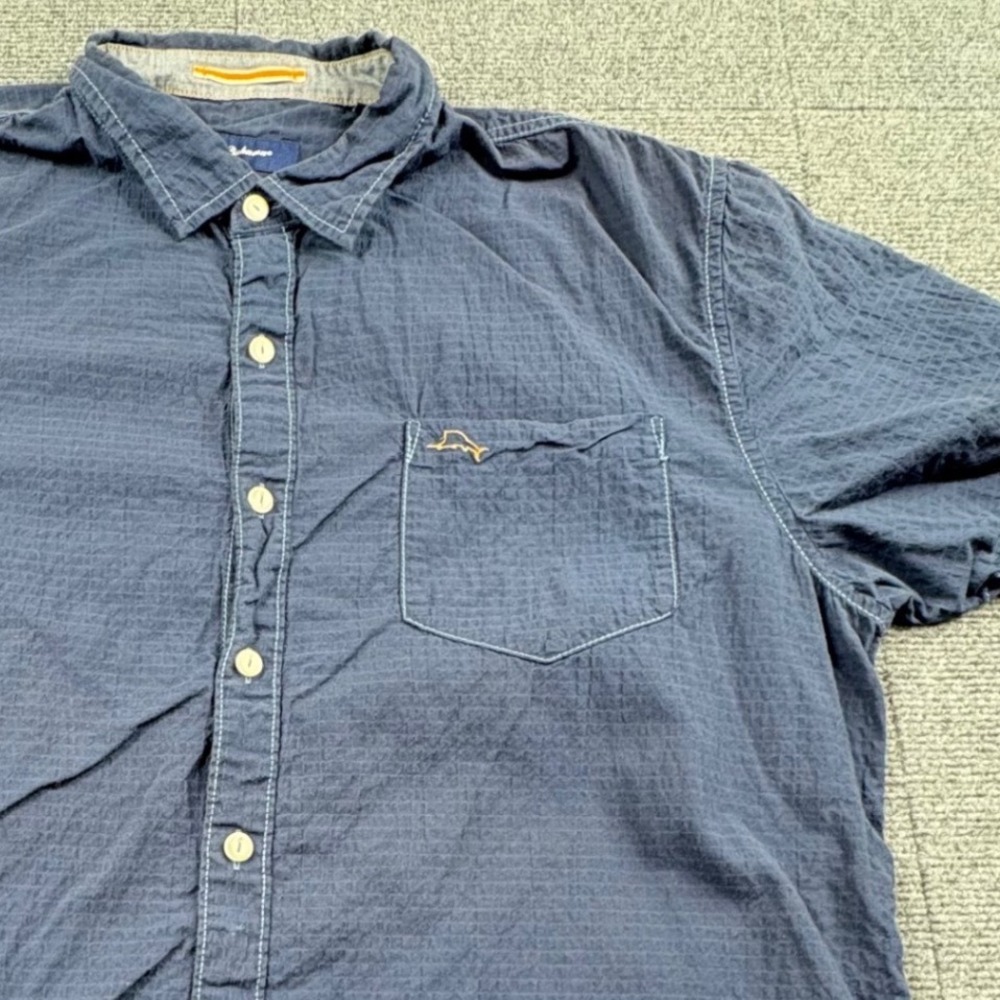 Tommy Bahama Mens XL Navy Blue Textured Short Sleeve Button Down Shirt Pocket